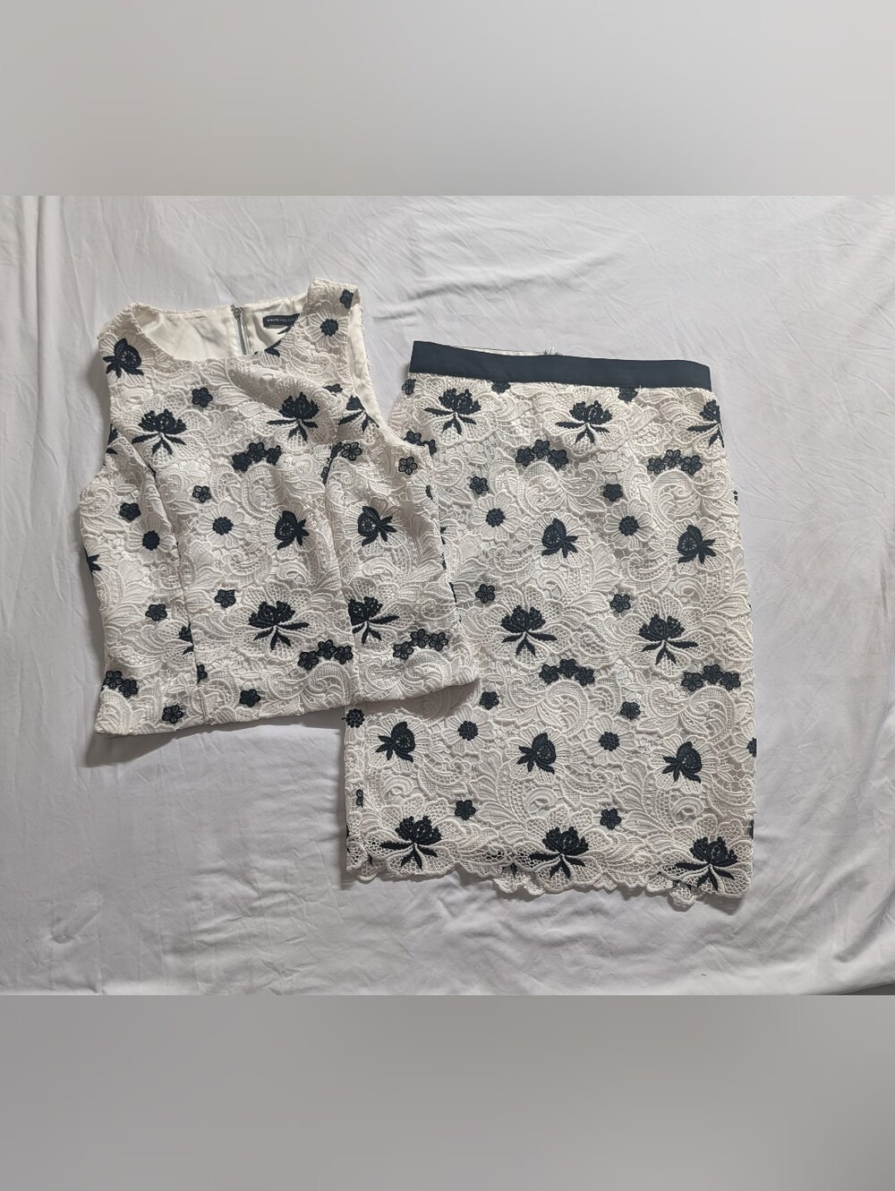 White House Black Market Geo Lattice Poppy Lace Two Piece Set Top & Skirt